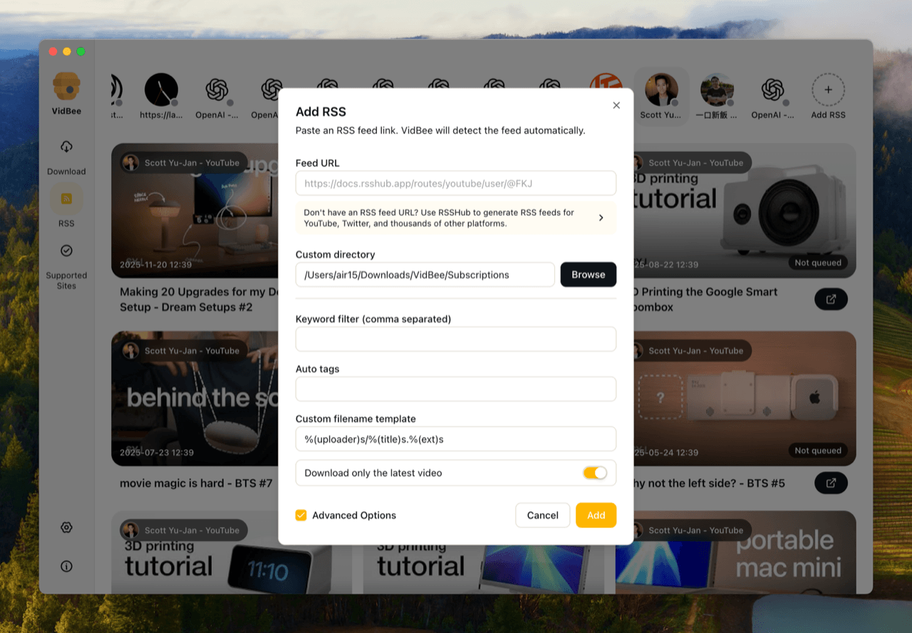 Add RSS dialog